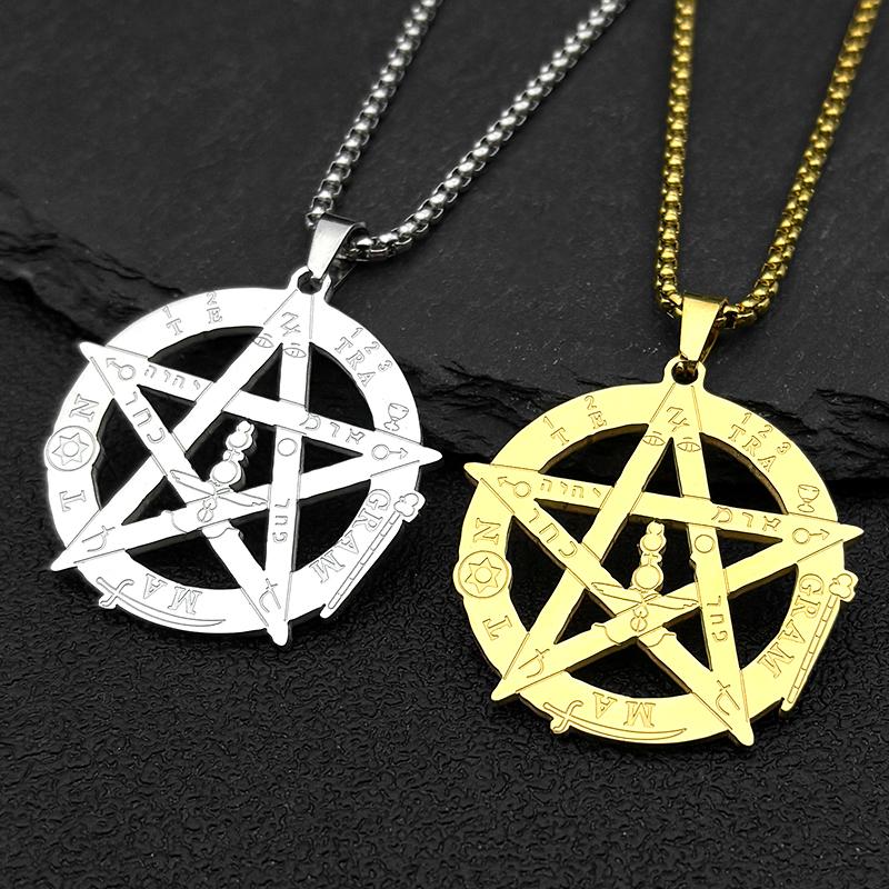 Collana con Ciondolo Pentagramma Stregoneria Per Donne Uomini Acciaio Inossidabile Colore Oro Tetragrammaton Amuleto di Salomone Gioielli a Catena Regalo