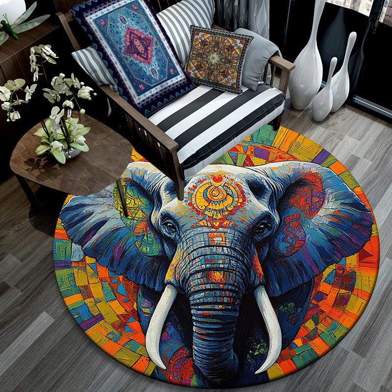 Elephant Mandala Round Area Rug,Carpet Rug for Living Room Bedroom Sofa Playroom Decor,Non-slip Floor Mat
