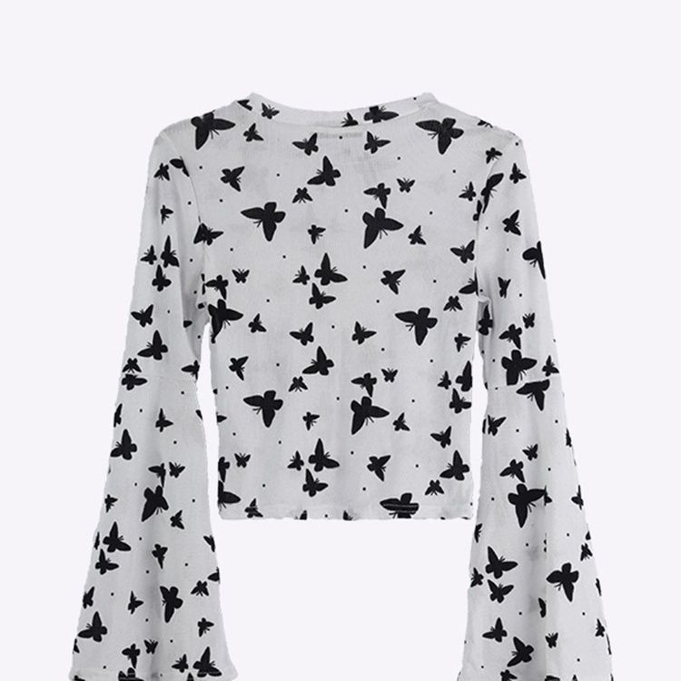Horn Sleeve Design Long Sleeved Mesh T-shirt Women's Summer Spicy Girl Butterfly Print Short Top