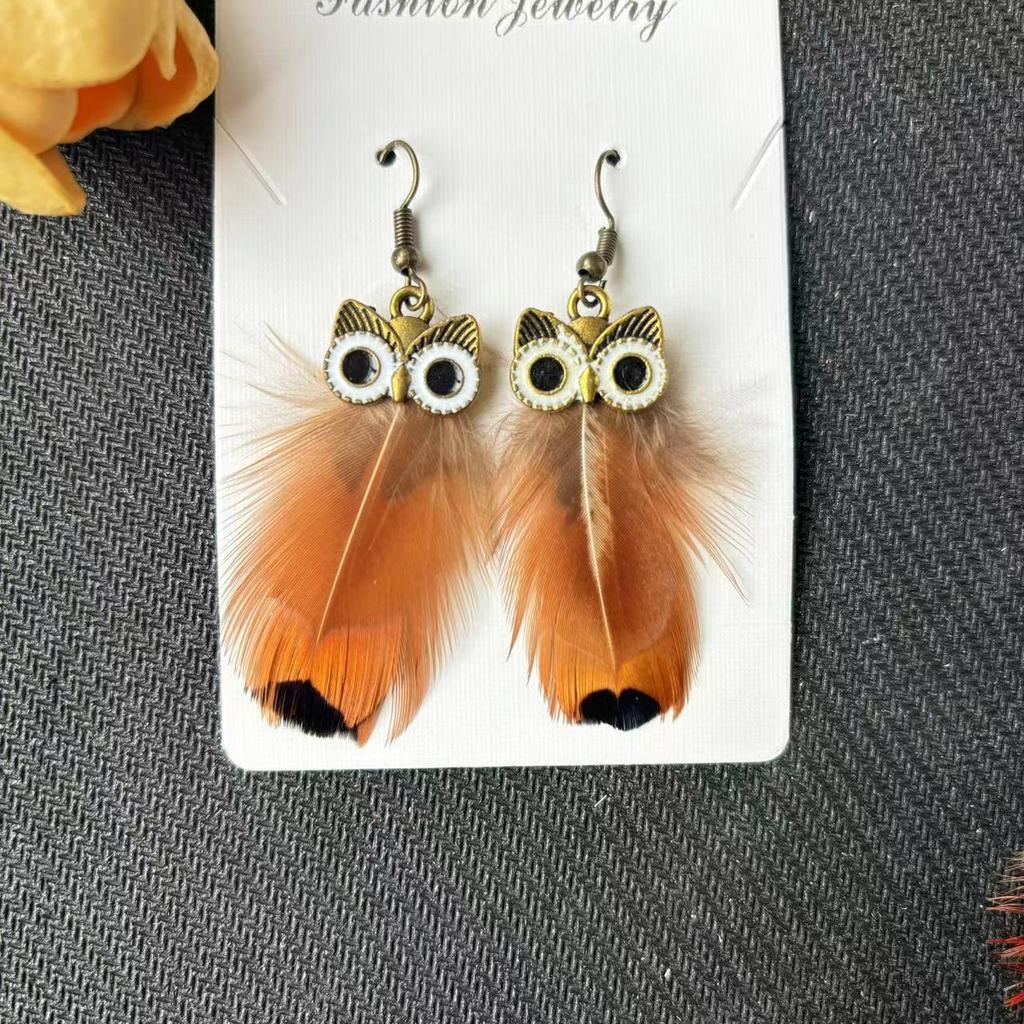 Vintage Cartoon Owl Peacock Feather Long Tassel Earrings Bohemian Ethnic Vacation Jewelry For Women
