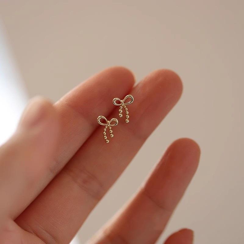 

925 Sterling Silver Plating 14K Gold Bow Earrings for Women Korean Cute Jewelry Gift Silver