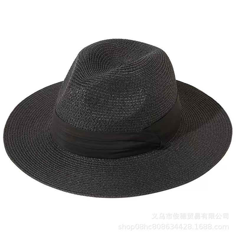 

Straw Hat European and American Style Flat-brimmed Jazz Top Hat Men s and Women s Versatile Panama Summer Travel Sun Hat single code чорний
