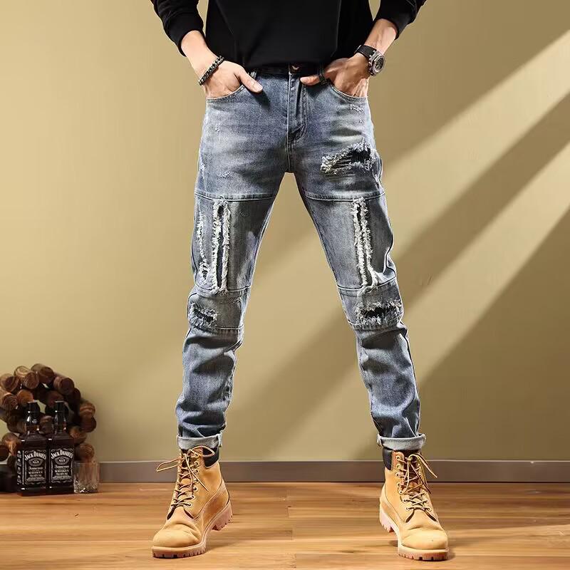 Men's Slim-Fit Light Blue Ripped Jeans - Trendy Spring & Autumn Style