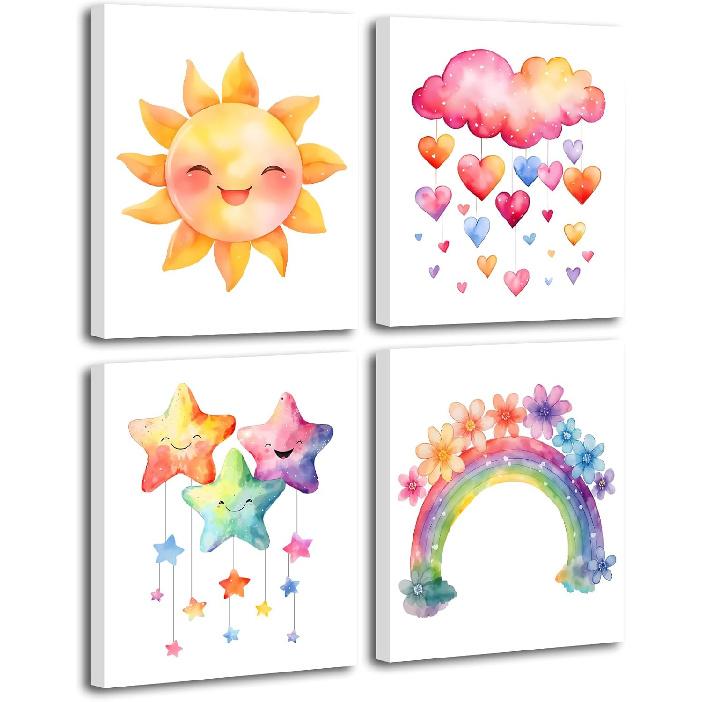 Pink Nursery Canvas Wall Art Rainbow Art Poster,Boho Rainbow Sun Hearts Canvas Wall Art,Kids Bedroom Baby Girls Toddler Pastel Wall Print for