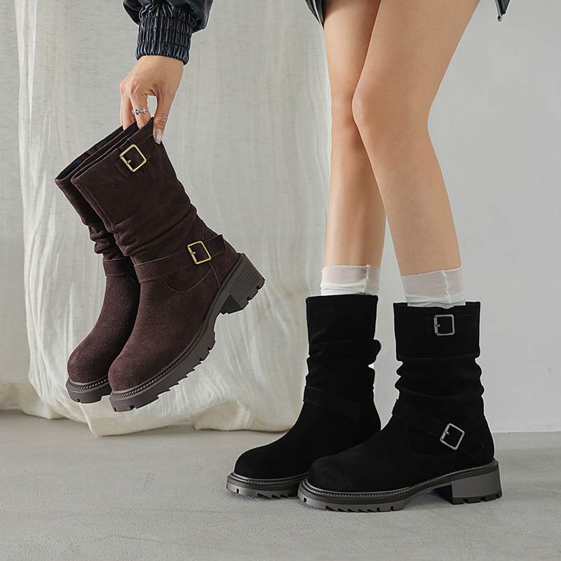 Krazing Pot Cow Suede Nubuck Winter Round Toe Western Boots Med Heels Slip On Metal Buckles Women Mid-calf Boots