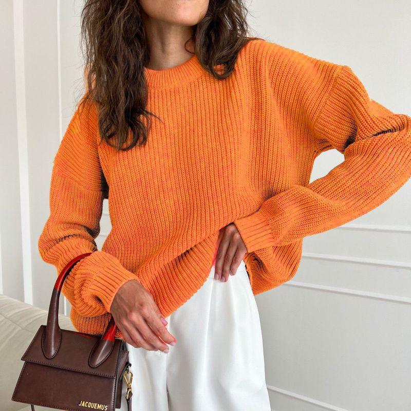 

European and American Solid round Neck Thickened Sweater Women 2025 Autumn and Winter New Loose Long sleeve Idle Style Pullover Knit Women Orange L