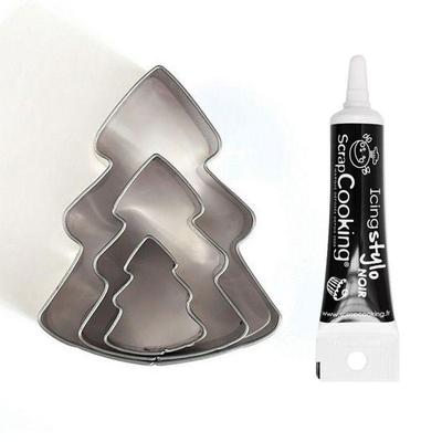 3 Mini Stainless Steel Christmas Tree Cookie Cutters + Black Icing Pen