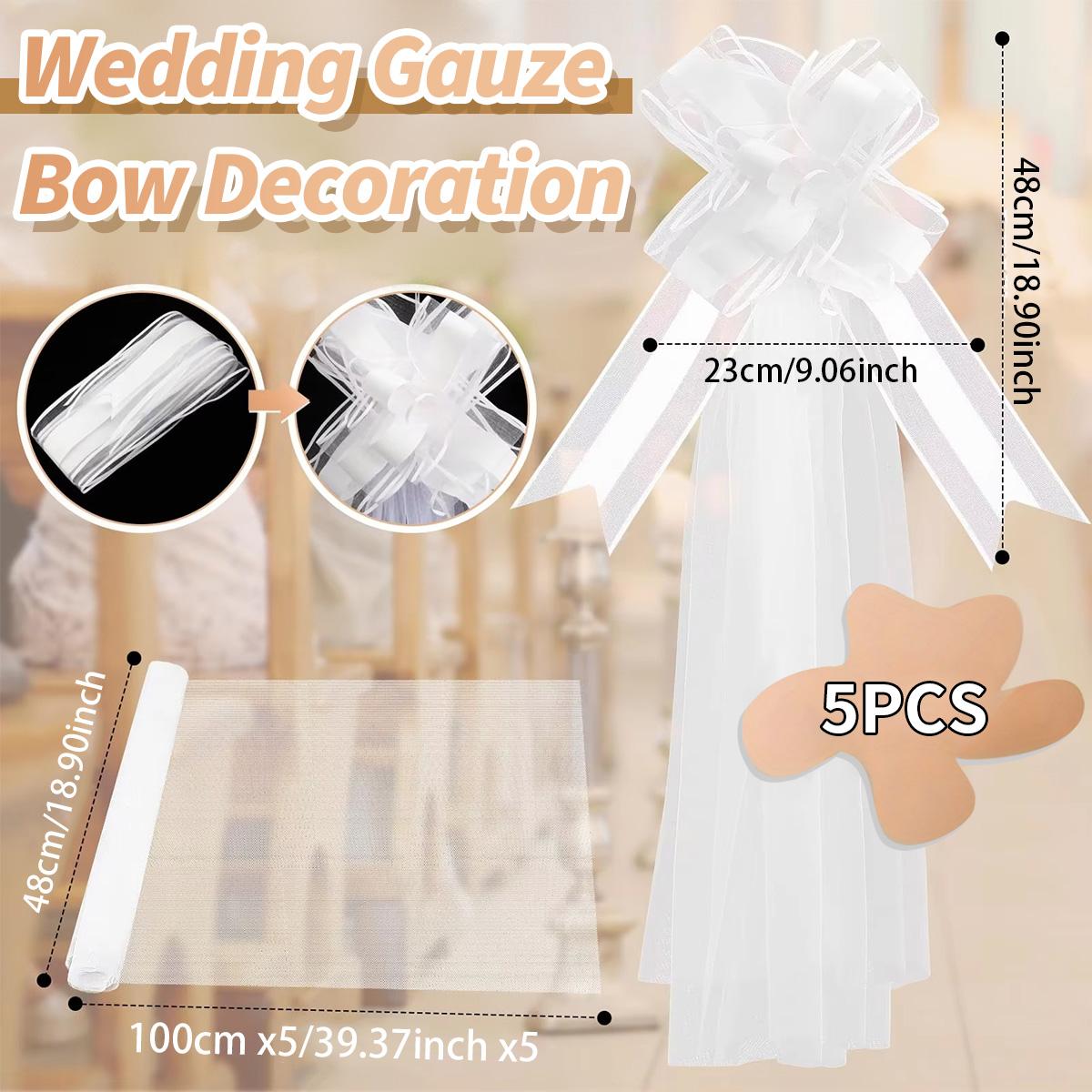 5Pcs Church Wedding Pew Bows With Long Tulle Tails Chair Aisle Decor Wedding Car Decoration for Church Aisle Decor Ceremony