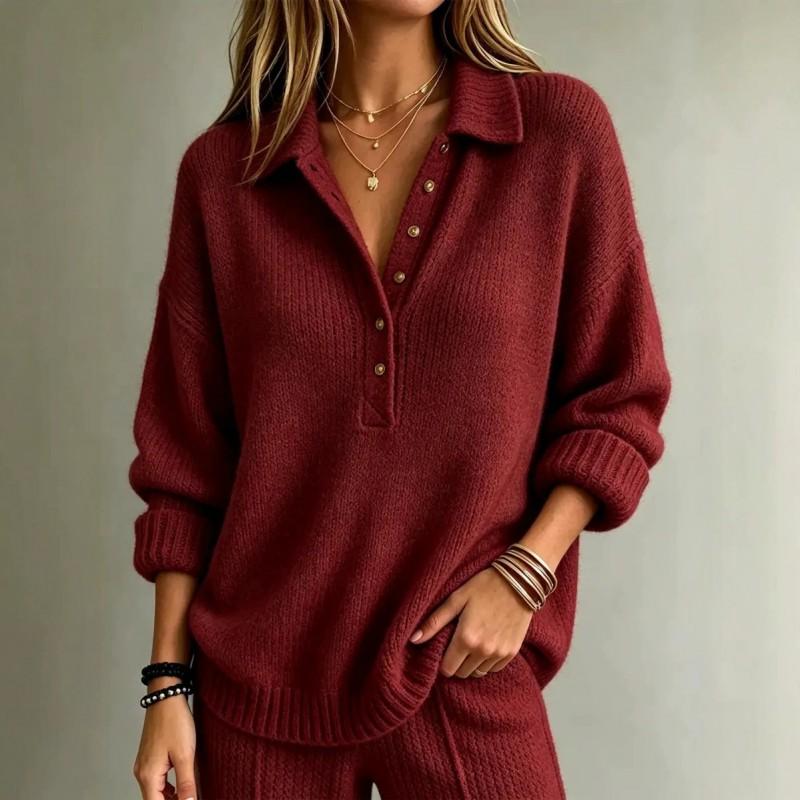Womens Oversized Knit Sweater With Polo Collar Solid Color Long Sleeve Fall Winter 2026