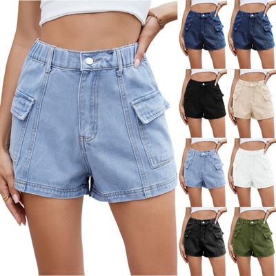 Women's Fashion Solid Color Pocket Button Pocket Elastic Waist Casual Denim Shorts