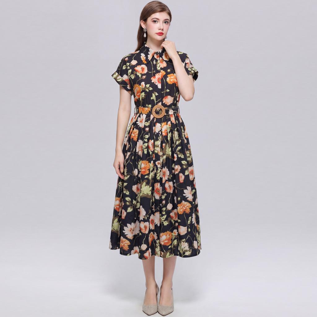 Summer Floral Print Shirt Dress for Women Short Sleeve Maxi Sundress with Lapel Neck Buttons Vintage Fashion Belted Robe
