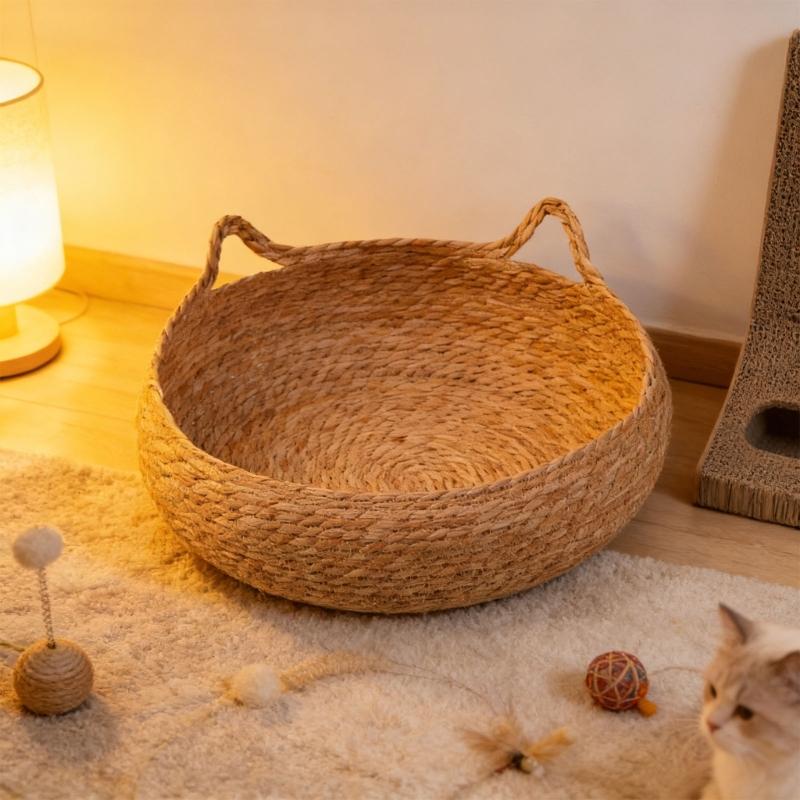 Small Pet Bed Woven Cats Nest with Straw Round Handwoven Cats Basket Bed for Indoor Use and Small Dogs Breathable