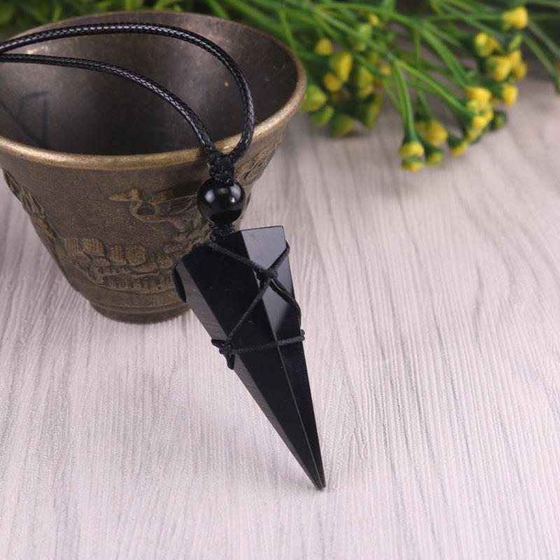 Natural Obsidian Stone Crystal Point Pendant Black Stone Charm Necklace Amulet