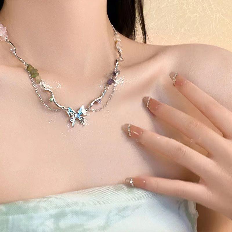 Summer Fresh Mori Gravel Crystal Fringed Butterfly Collarbone Chain Female Sweet Cool Hot Girl Style Necklace Personality Versatile Match