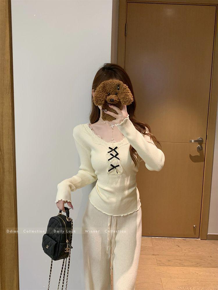 Korean Lace Patchwork Knitted Slim-fit Sweater for Women - 2025 Autumn/Winter Trendy Top