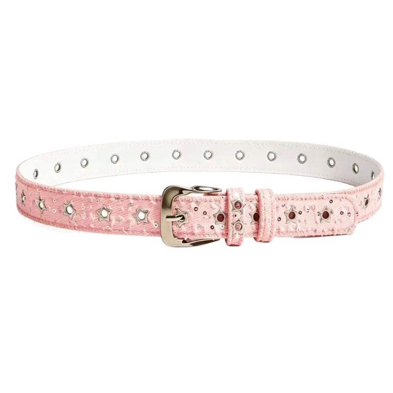 Distressed Street-Style Waist Belt with Star-Shaped Metal Grommets and Pin Closure for Cargo Pants, Jeans, and Skirts