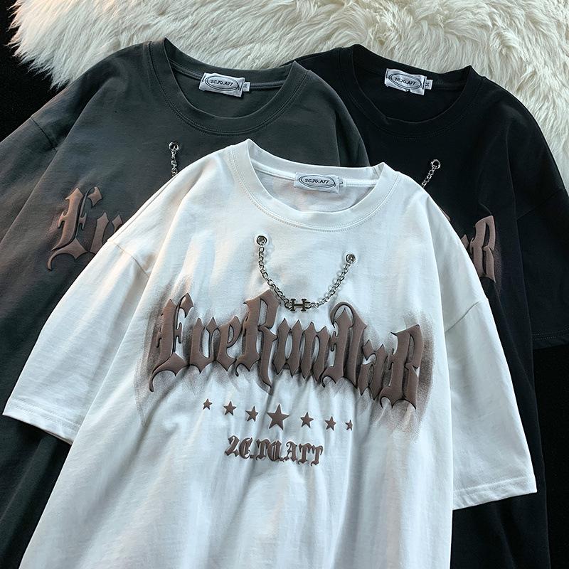 

Мужская футболка свободного кроя с коротким рукавом и винтажным американским ожерельем из пеноматериала - модная европейская и американская уличная одежда в стиле хип-хоп M белый