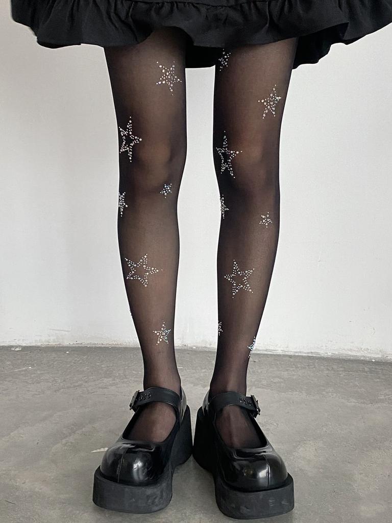 Damen Strumpfhose mit Strassstern Transparent Schwarz Dünn Hohe Elastizität Gothic Party Glitzernde Strumpfwaren