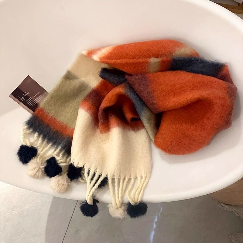 Vinter Dopamin Regnbågsrandig Tjock Varm Borstad Frans Pälsboll Scarf