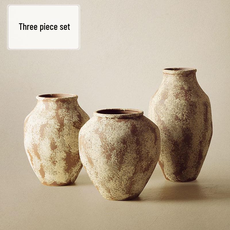 Wabi-Sabi Style Unglazed Terracotta Vase with Floral Design for Retro Living Room or Dining Table Decor