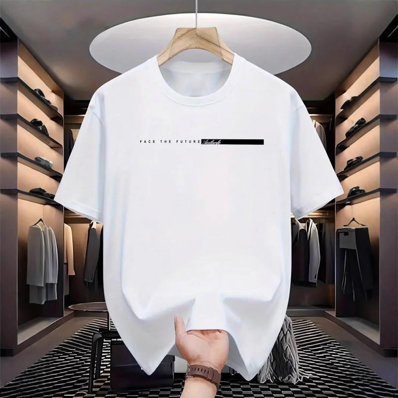 Mens Casual Short Sleeve Round Neck T-Shirt With Letter Print Loose Fit Cotton Tee