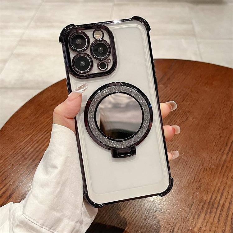 Four Corner Plating Is Suitable for Apple 16PRO Flash Powder Mirror Mobile Phone Case Iphone12/11 Ring Support Protective Cover