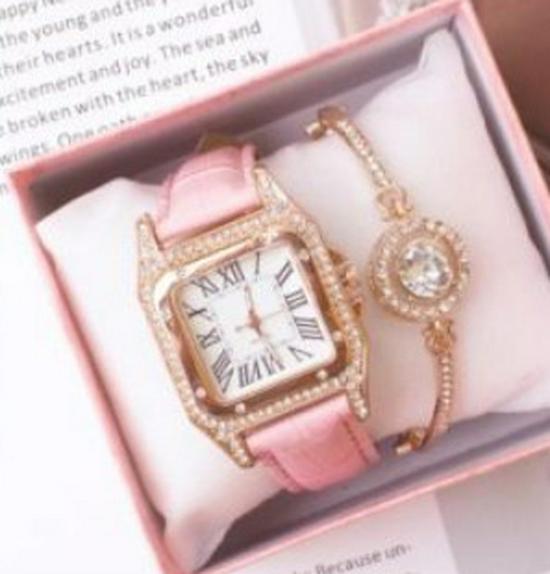 Women's Trendy Square Dial Quartz Watch with Leather Strap & Star Bangle