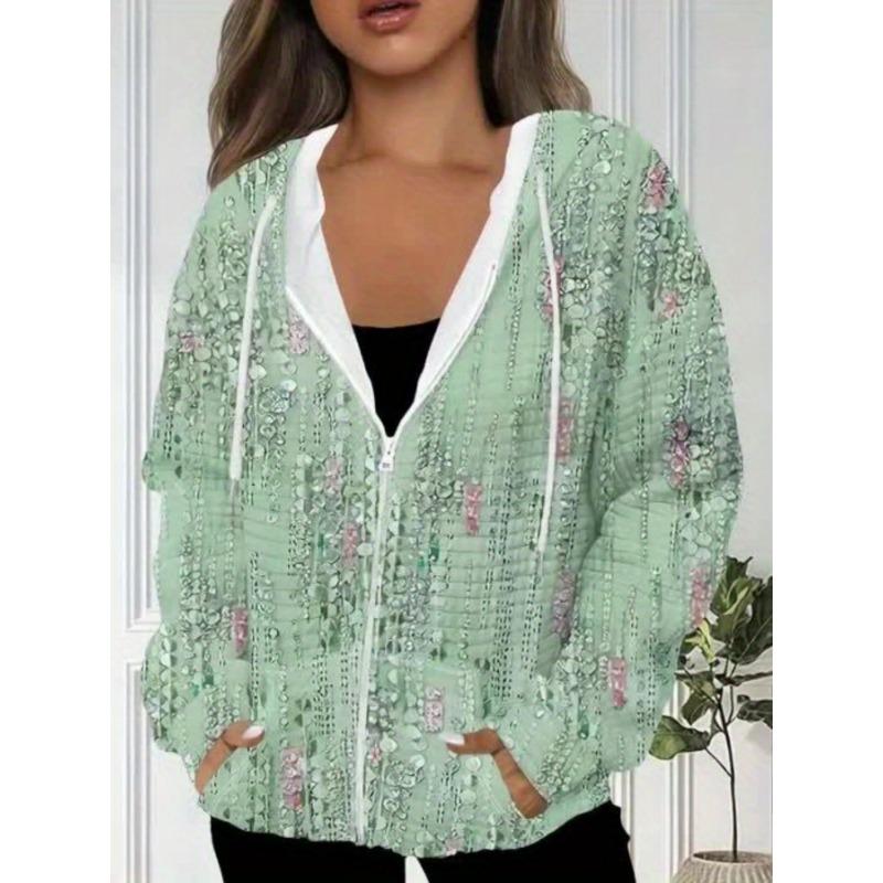 Printed Green Floral casual style elegant style zipper hooded long-sleeve jacket