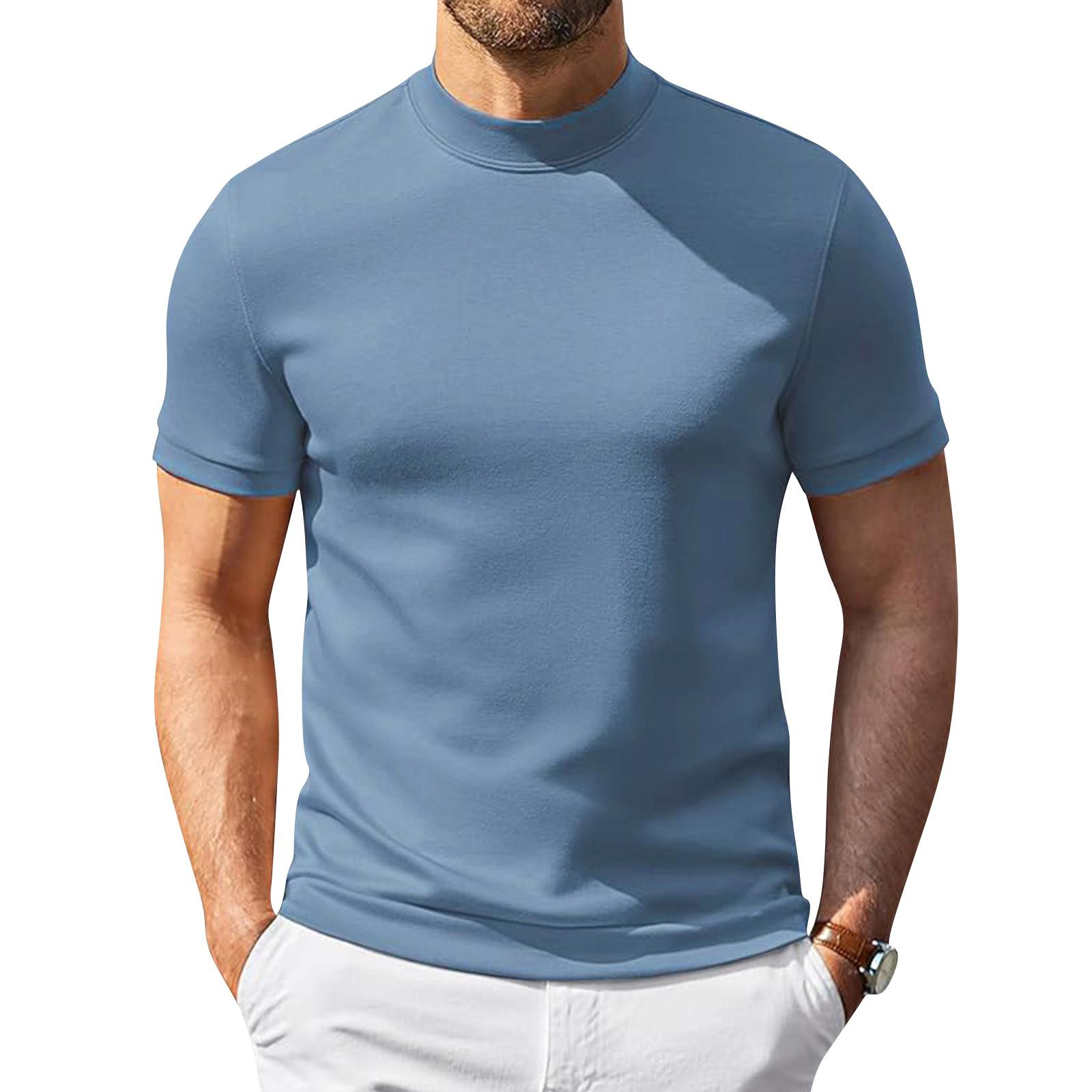 Heima C Heren Korte Mouw Turtleneck T-shirt Lichtgewicht Ademend Stretch Pasvorm Basislaag Top voor Casual en Actieve Kleding L lichtblauwe kleur