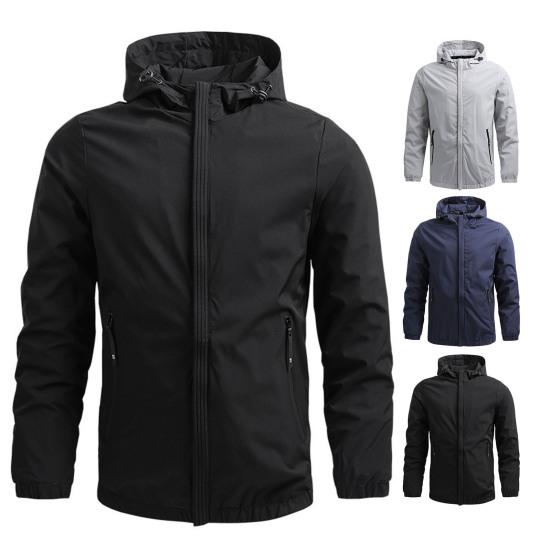 Pánská bunda Jednobarevná bunda s kapucí, dlouhým rukávem, bunda s kapsami, léga na zip, větruodolná, voděodolná, svrchní oblečení na běhání