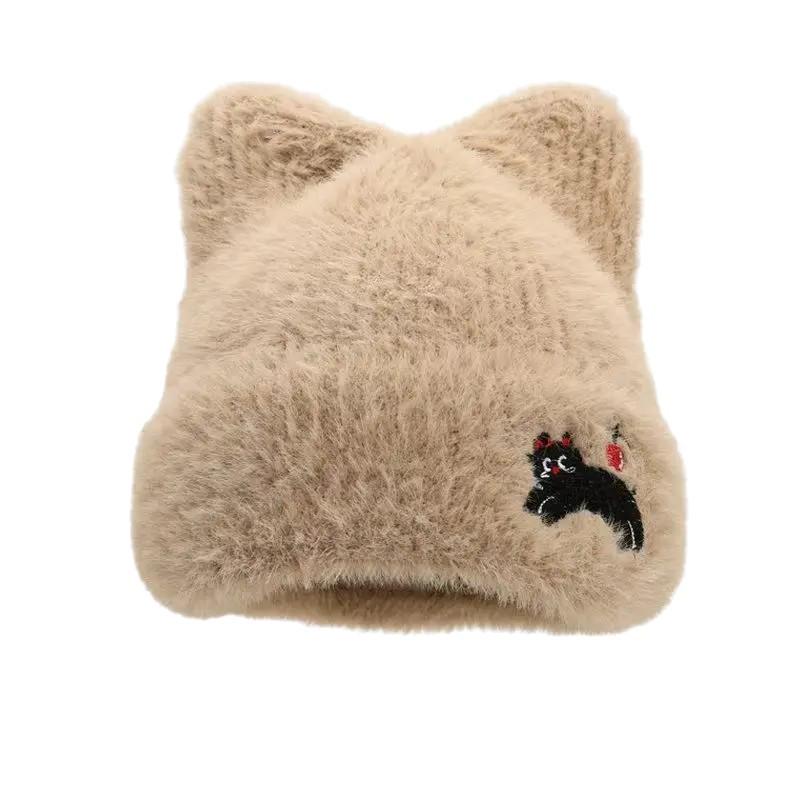 Women's Korean Style Autumn/Winter Wool Hat – Cute Cat Ears, Face-Slimming, Warm Knitted Beanie