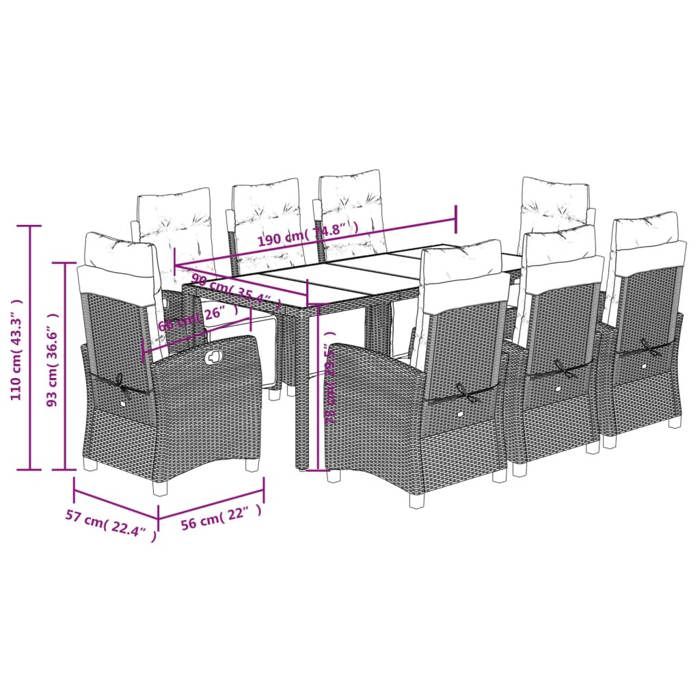 VidaXL Ensemble à Manger de Jardin avec Coussins 9 pcs, Table et Chaises avec Dossier Réglable, Meubles d'Extérieur, 3212887