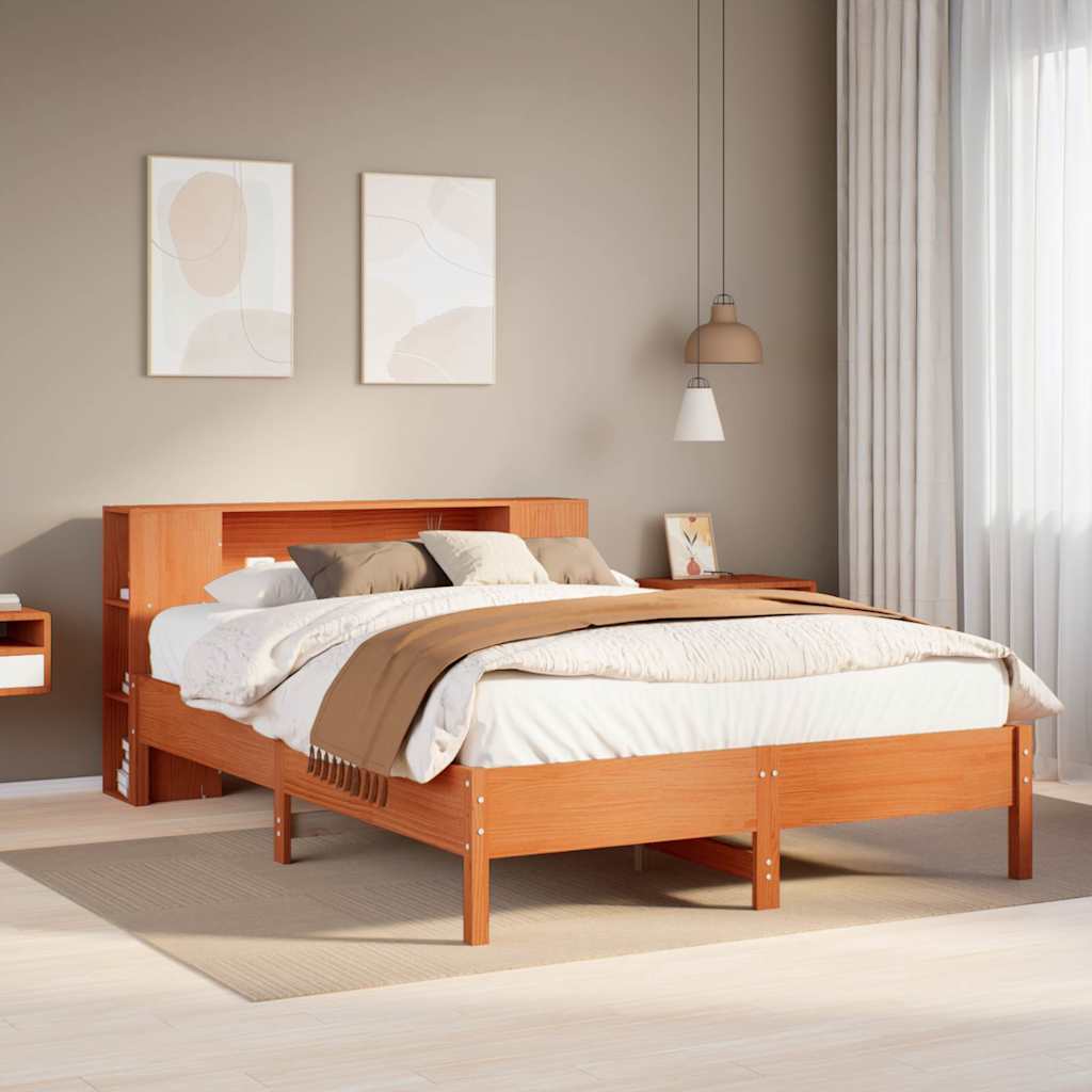 Solid Wood Bed with Shelf without Mattress Wax Brown 135 x 190 cm