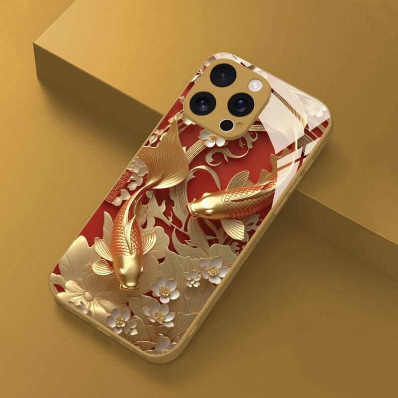 Red Gold Koi Pattern Gold Metallic Paint Glass Phone Case For iPhone 17 Pro Max 11 12 13 14 15 16 Pro 14 Plus 17 Air 16E Cover
