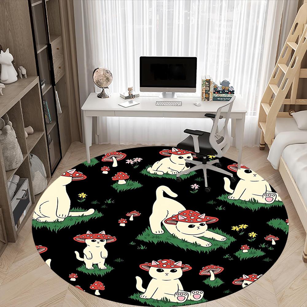 1pc Mushroom Cats Office Round Area Rug, Mat Suitable For Office, Under Office Chairs Bedroom Living Room Home Decor, Room Deco
