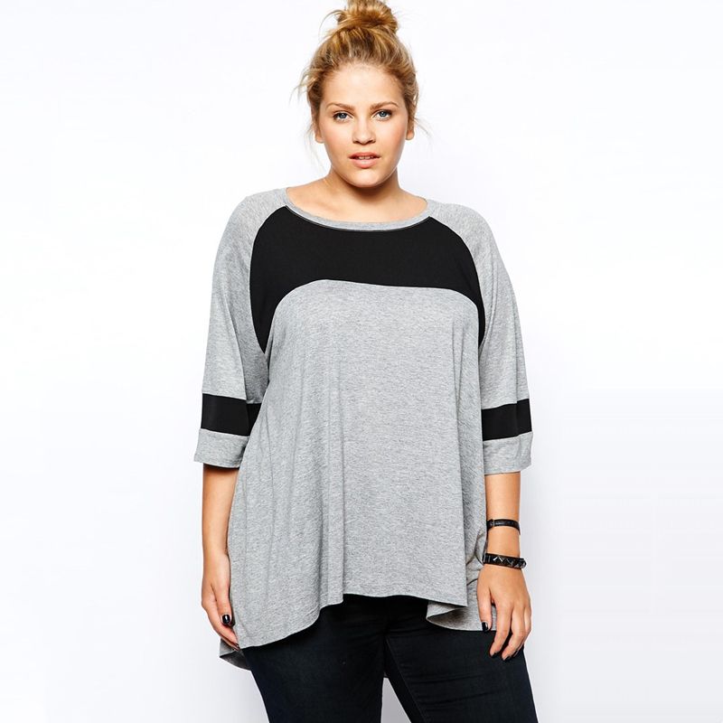 

Fashion Chubby Girl plus Size Gray and Black Casual Loose-Fitting T-shirt Grey 2XL