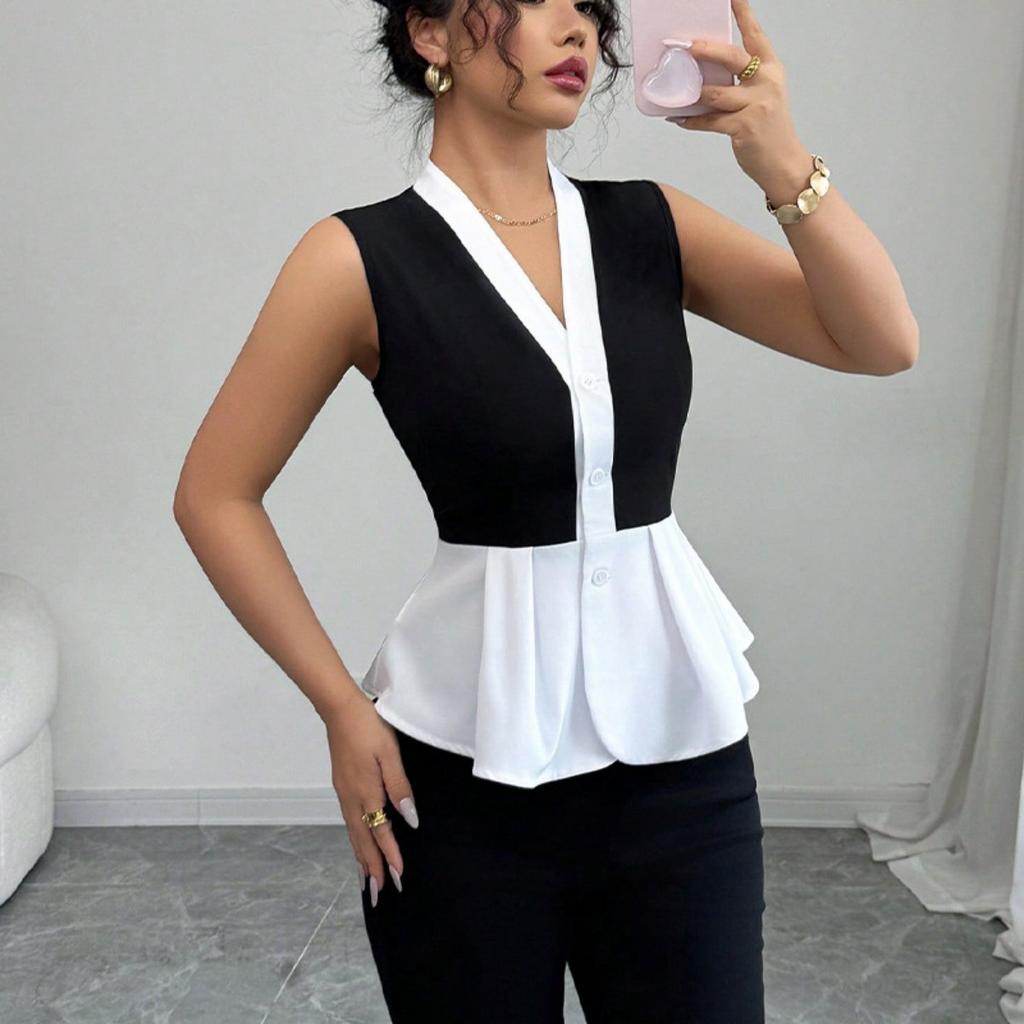Summer New Women's Sleeveless Shirt, European American Commuter Style Fake Two-piece Cardigan Blouse Leisure Women