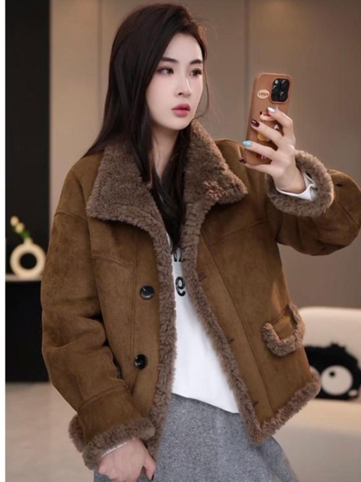 

2024 Women s Reversible Leather & Fur Lambswool Coat – Fashionable Winter Jacket 2XL кавовий