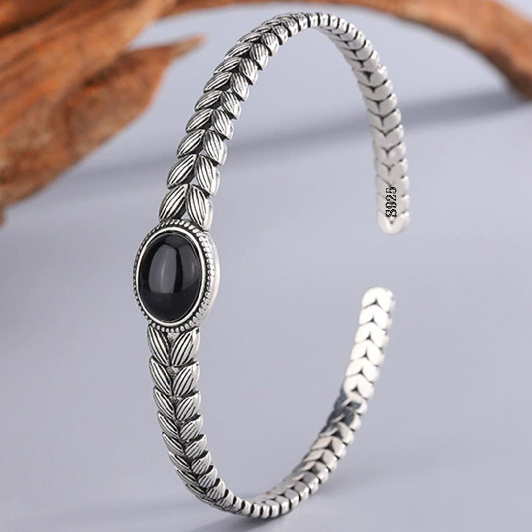 

PANJBJ 925 Sterling Silver Black Agate Bracelet Bangle for Women Leaf Plant Retro Hollow Out punk Jewelry Gift Dropshipping