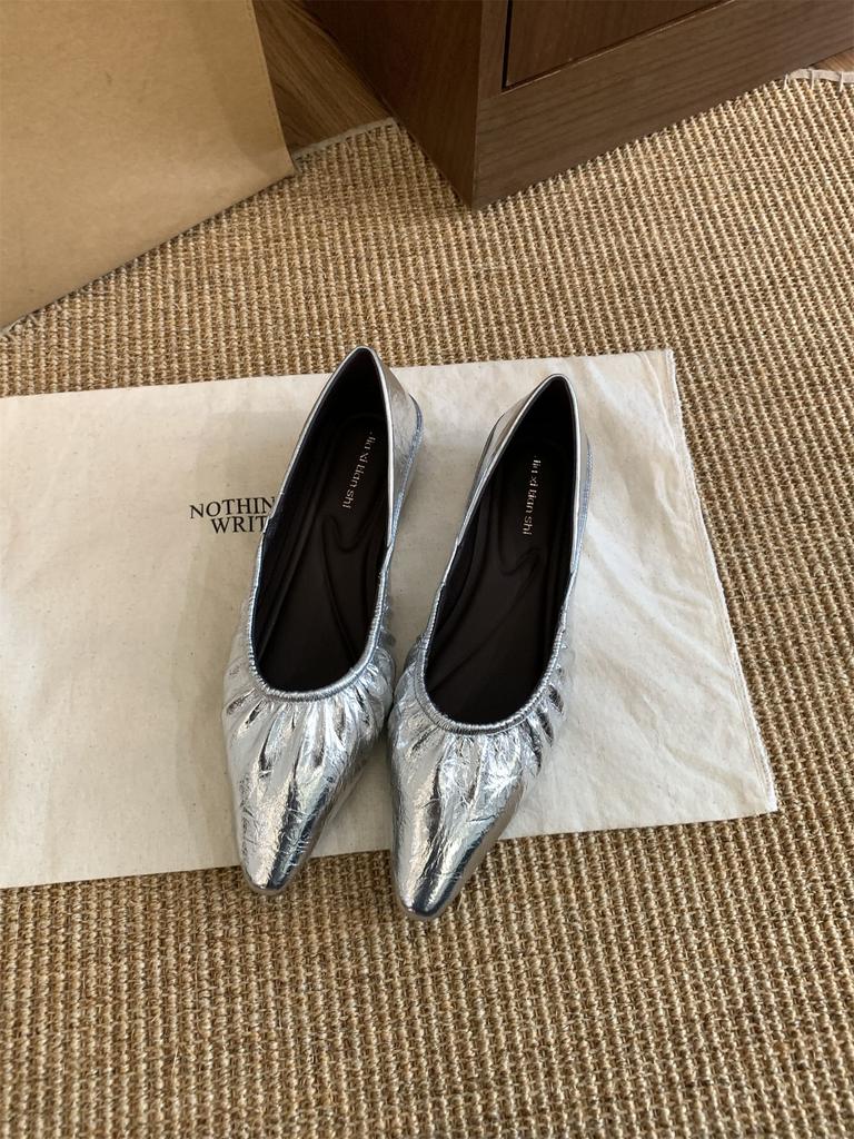 Inner Heightening Pointed Leopard Print Single Shoes Women's Shoes 2025 New Summer Silver Temperament Folds with Skirts Evening Shoes