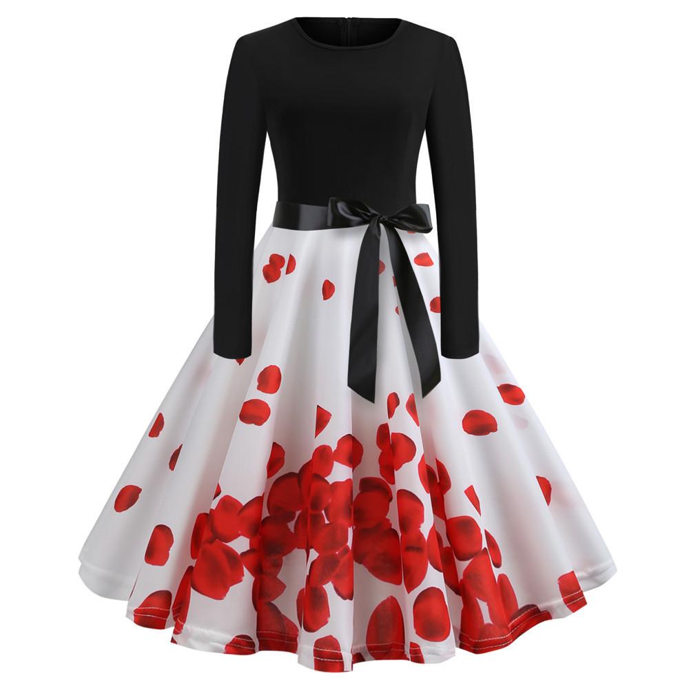 Retro šaty s kulatým výstřihem a dlouhým rukávem s digitálním potiskem