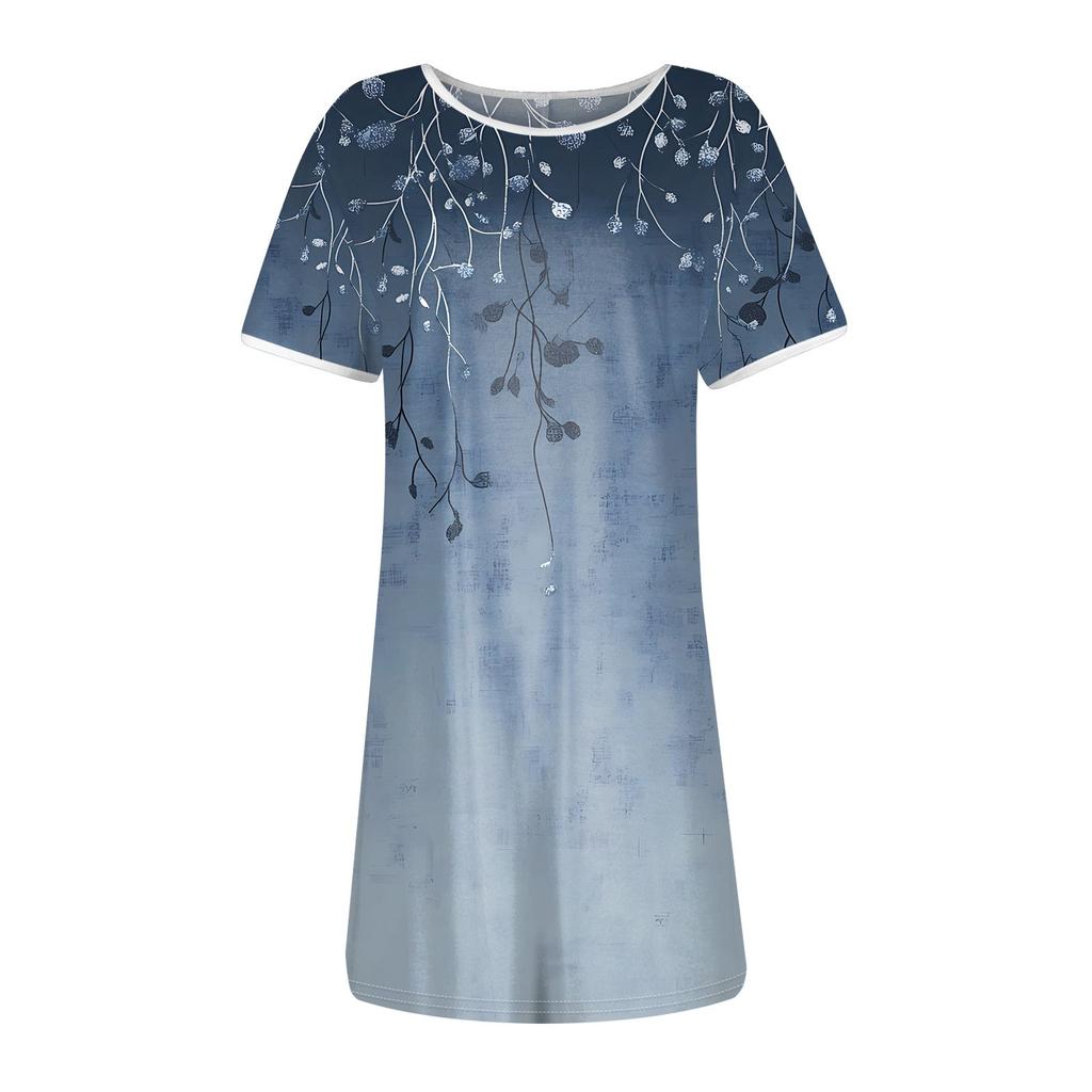 Women's Fashion Casual Floral Print Dress Round Neck Short Sleeves Miniskirt