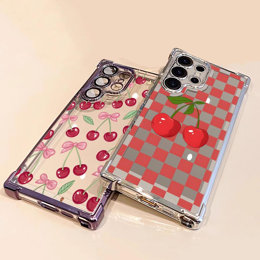 Clear Cover Phone Case for Samsung Galaxy S23 S25 Plus S21FE S24 S24ultra S20 FE S24fe S22 Ultra S25 Ultra Cartoon Bow Cherry