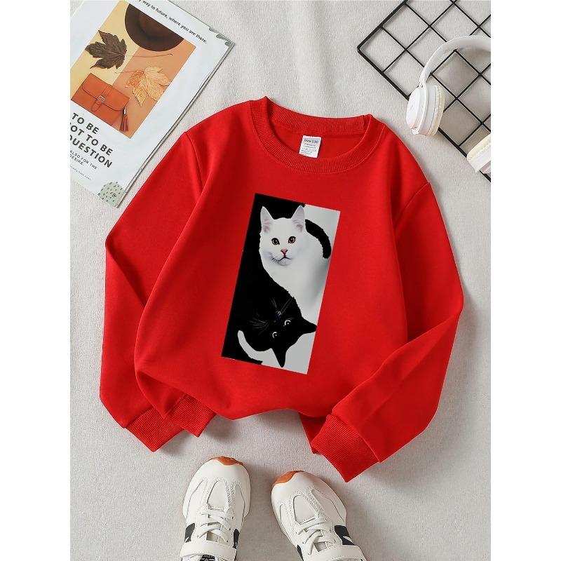 European Sizes Kids' Round-Neck Hoodie | White Cat Black Cat Yin Yang Pattern, , Sportswear and Casual Wear, Soft and Comfortable