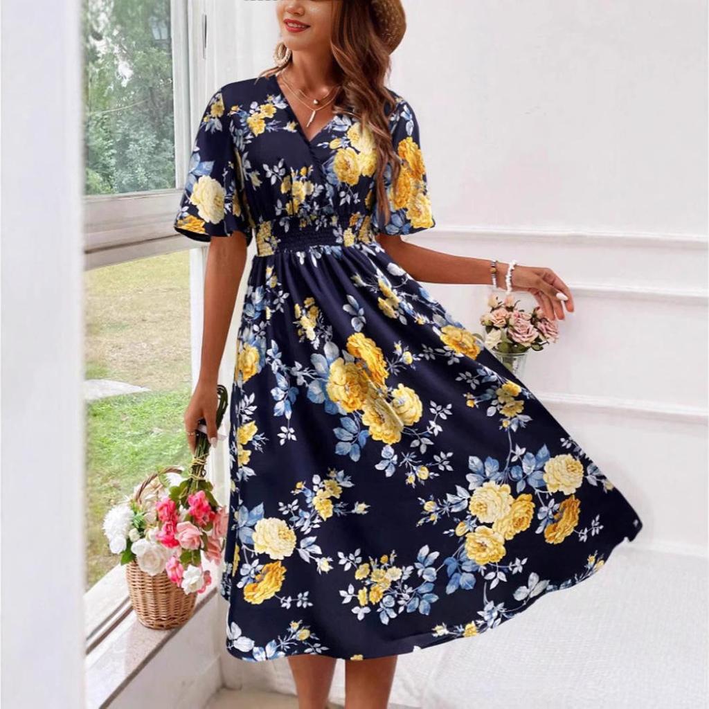Cross-Border Plus Size Floral Slimming Vacation Dress for Women