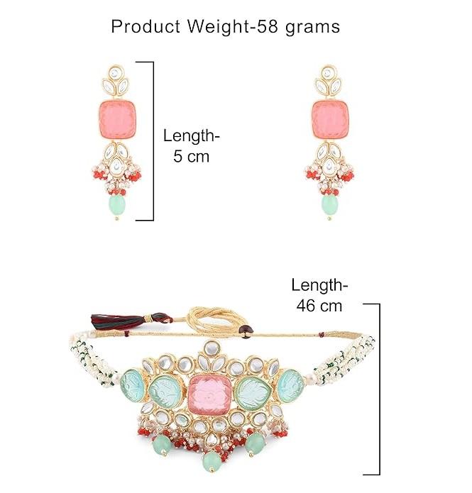 Multicolor Stones & Beads Multistrand Beaded Kundan Choker Necklace Earring & Ring Set For Women