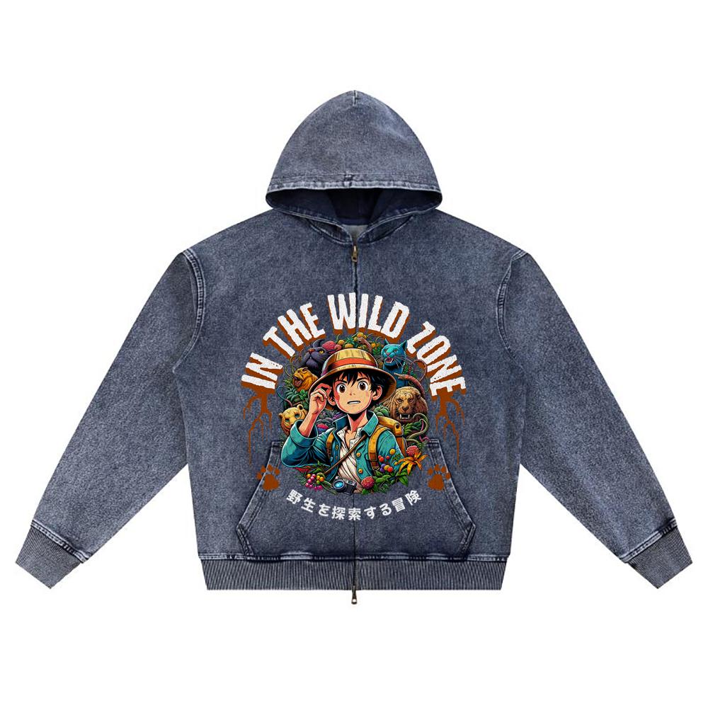 DTG Print Knitted Denim Zip-Up Hoodie Japanese Anime In the Wild Zone Brother Print Zipper Hoodies