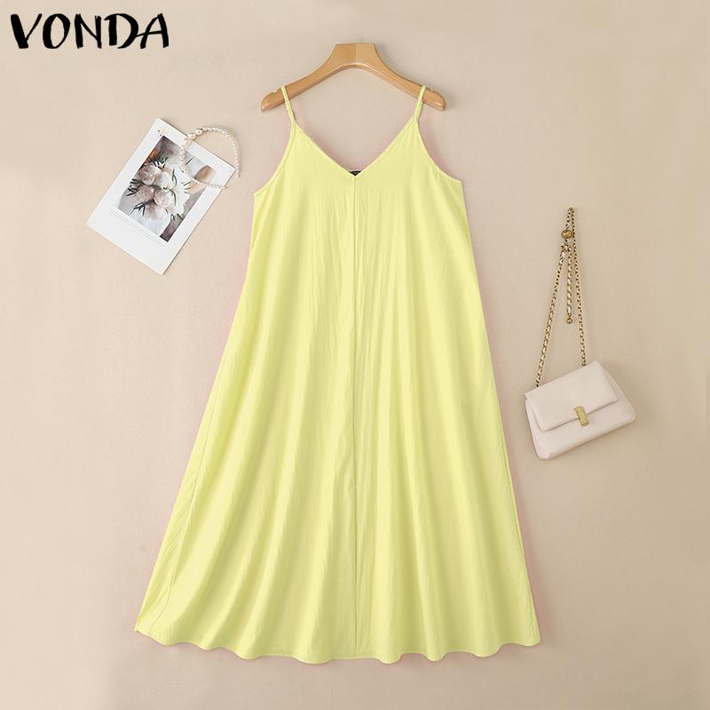 VONDA Women Casual Strap Sleeveless Ruffled Baggy Casual Swing Long Dress