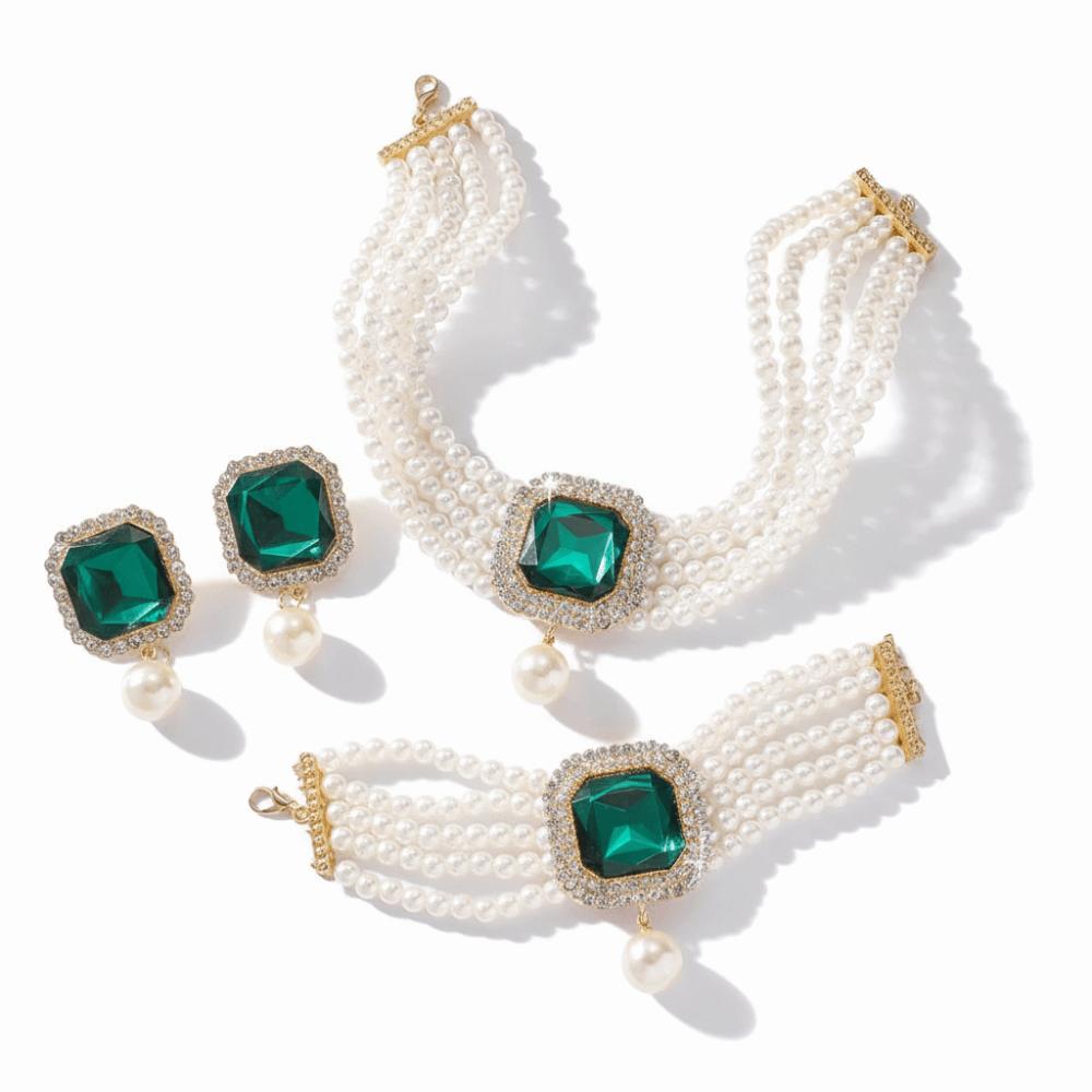 3Pcs/set Elegant Bracelets Necklaces Earrings Set Imitation Pearl Rhinestone Jewelry Set Banquet