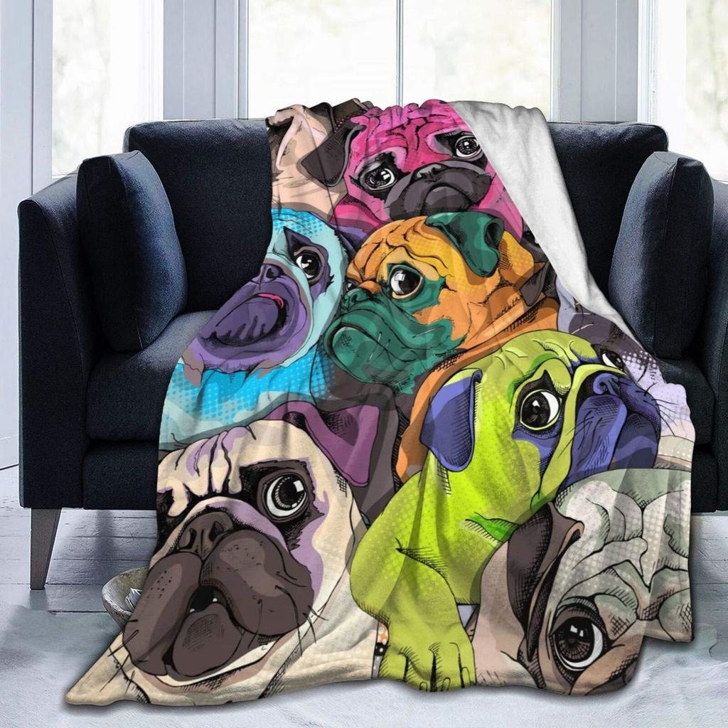 Colored Pug Fun Puppy Ultra Soft Lightweight Flannel Sofa Bed Blanket
